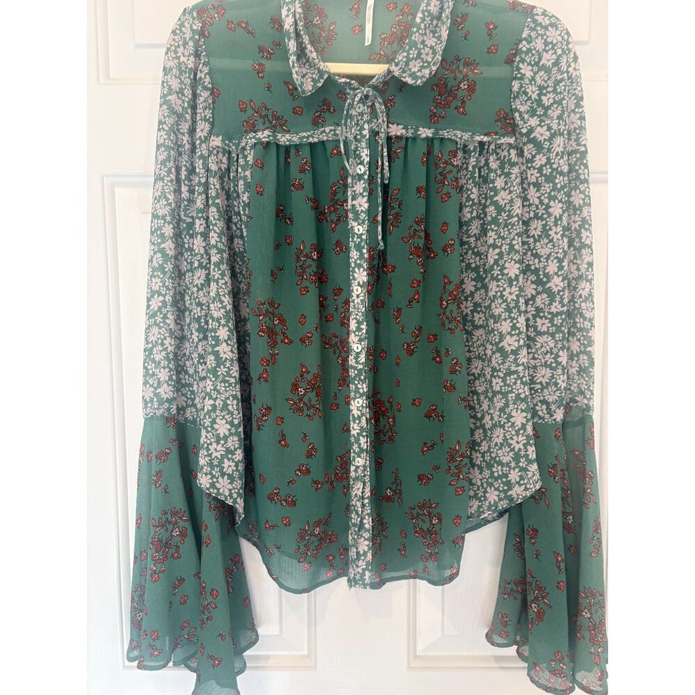 Free People Serena Floral Blouse Emerald Green Bell Sleeve Boho Top Size M 6-10 - Picture 5 of 6